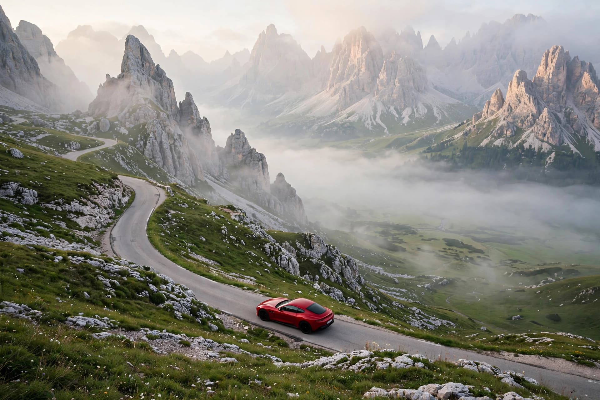 A sports car on a Dolomites pass road above the mist (illustrative photo)