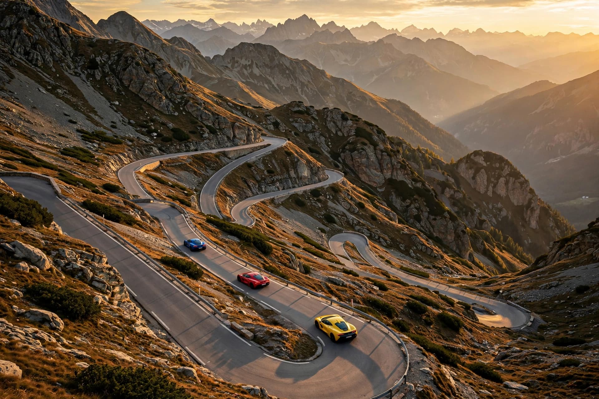 Supercars climbing alpine switchbacks at golden hour (illustrative photo)
