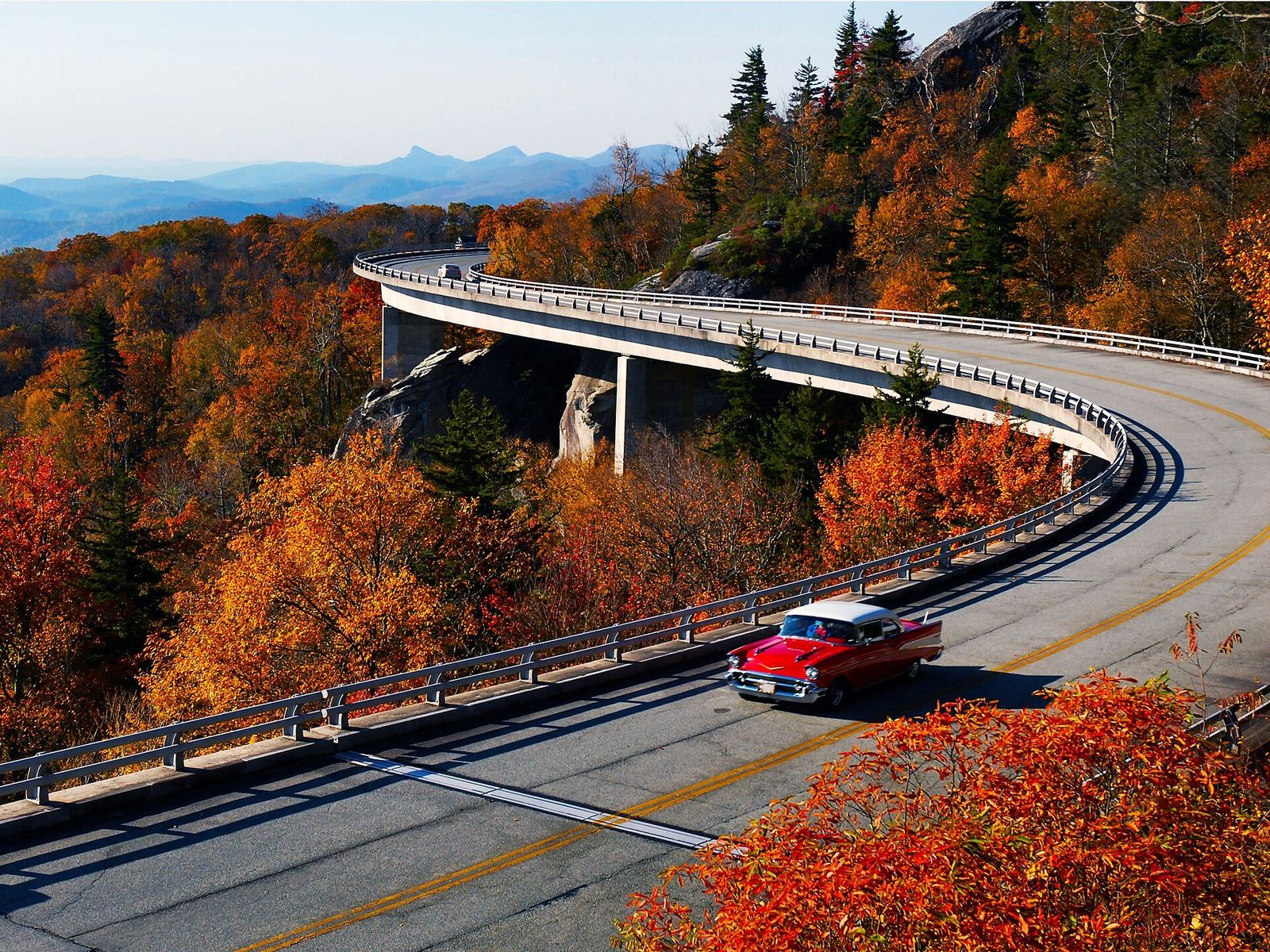 The Linn Cove Viaduct in fall — the Parkway's signature curve